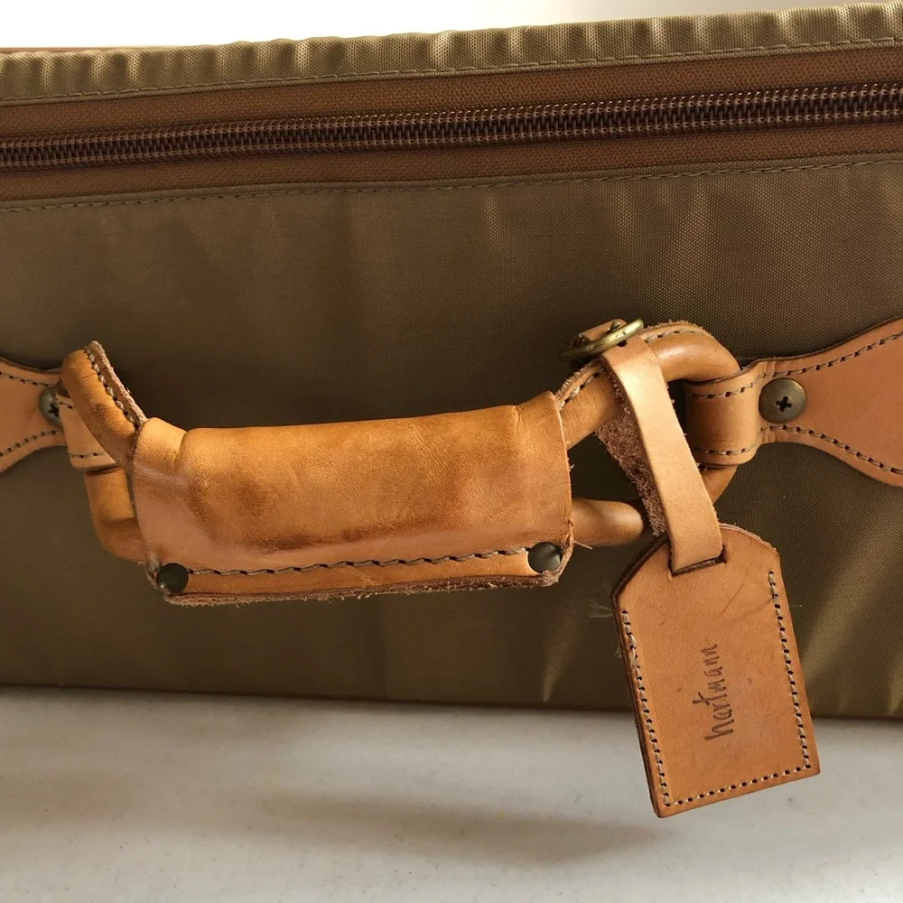 Vintage Hartmann Nylon Suitcase w/Outside Pocket In Olive w/Tan Leather Trim